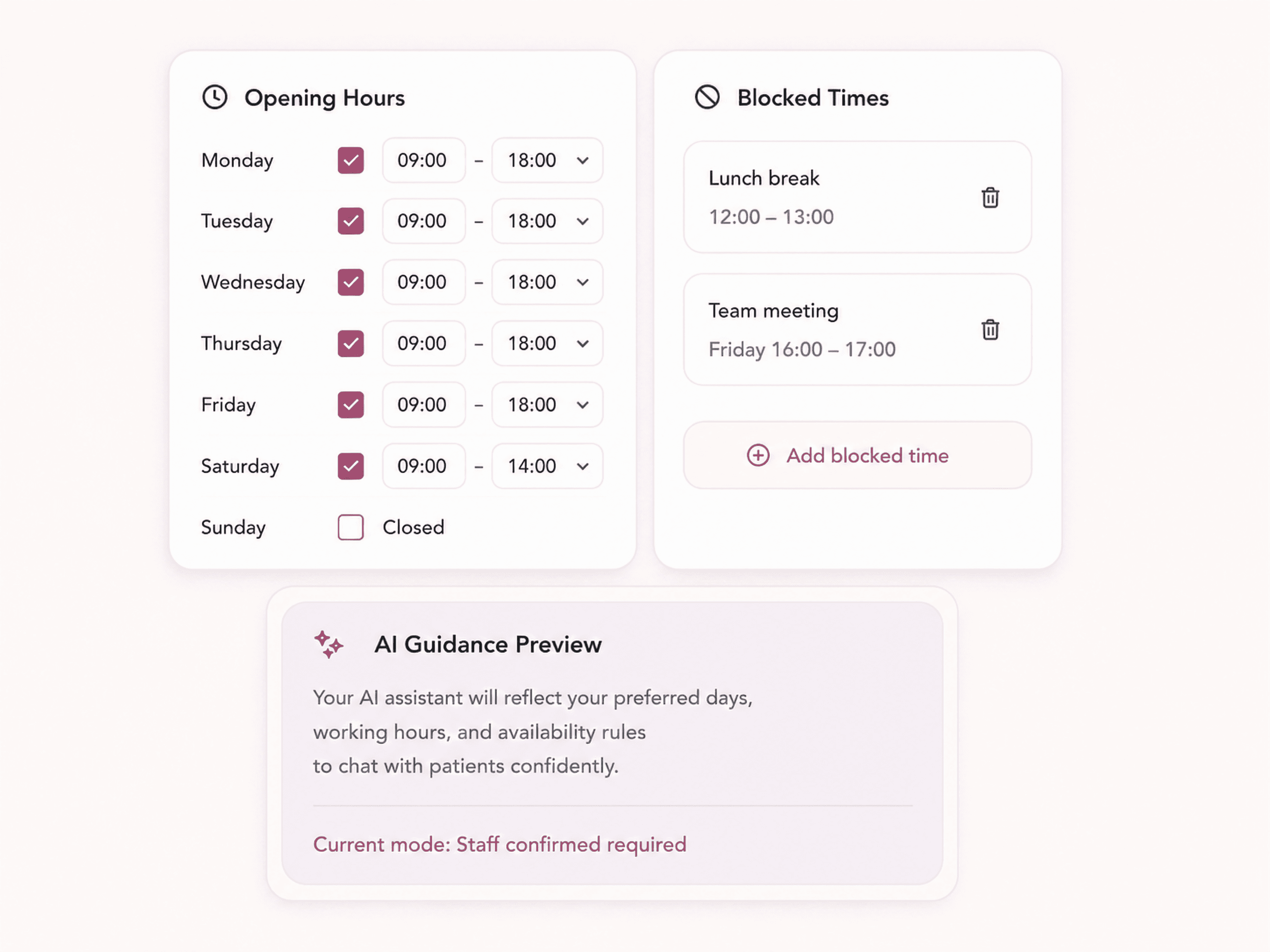 LumiDesk availability, booking rules, and AI guidance preview for clinic staff